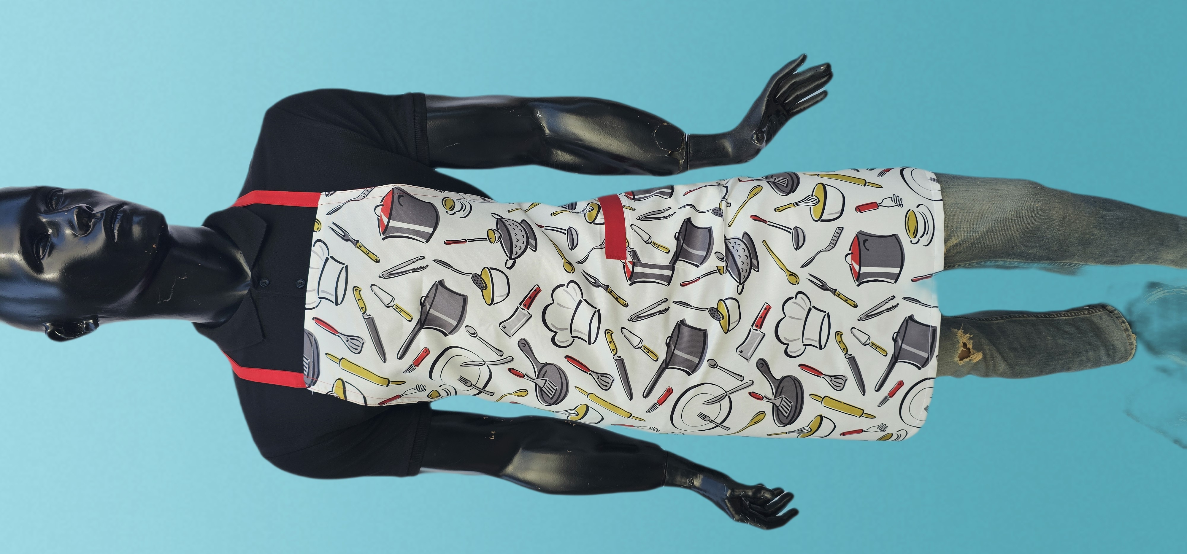 KATYONİK BASKILI ASKLI ÖNLÜK BEYAZ ZEMİN TENCERE TAVA DESEN