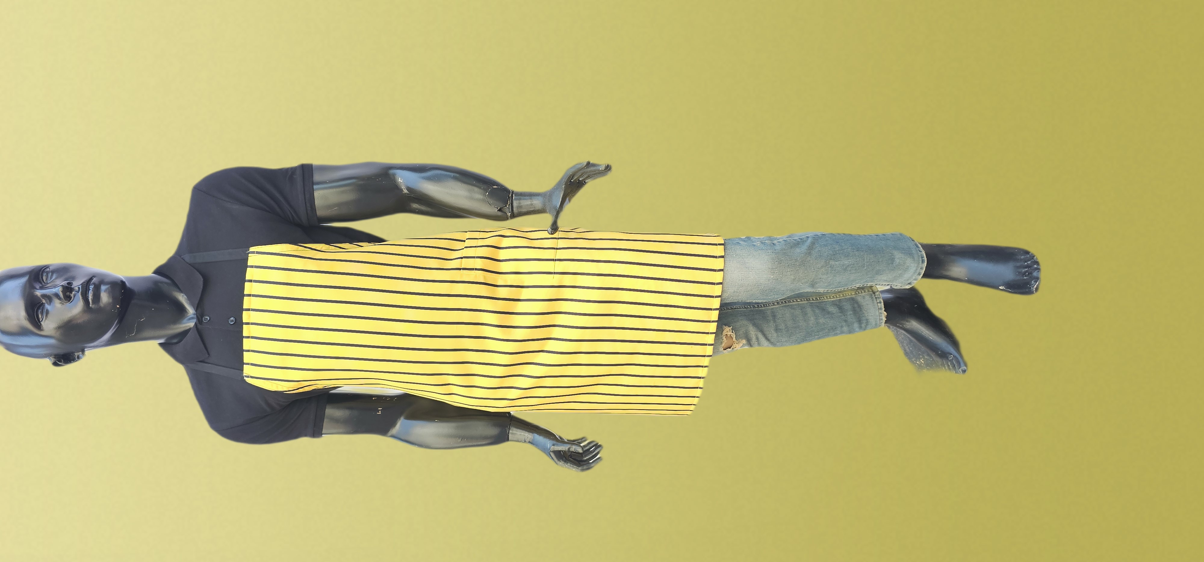 KATYONİK BASKILI ASKLI ÖNLÜK SARI ZEMİN SİYAH ÇİZGİ