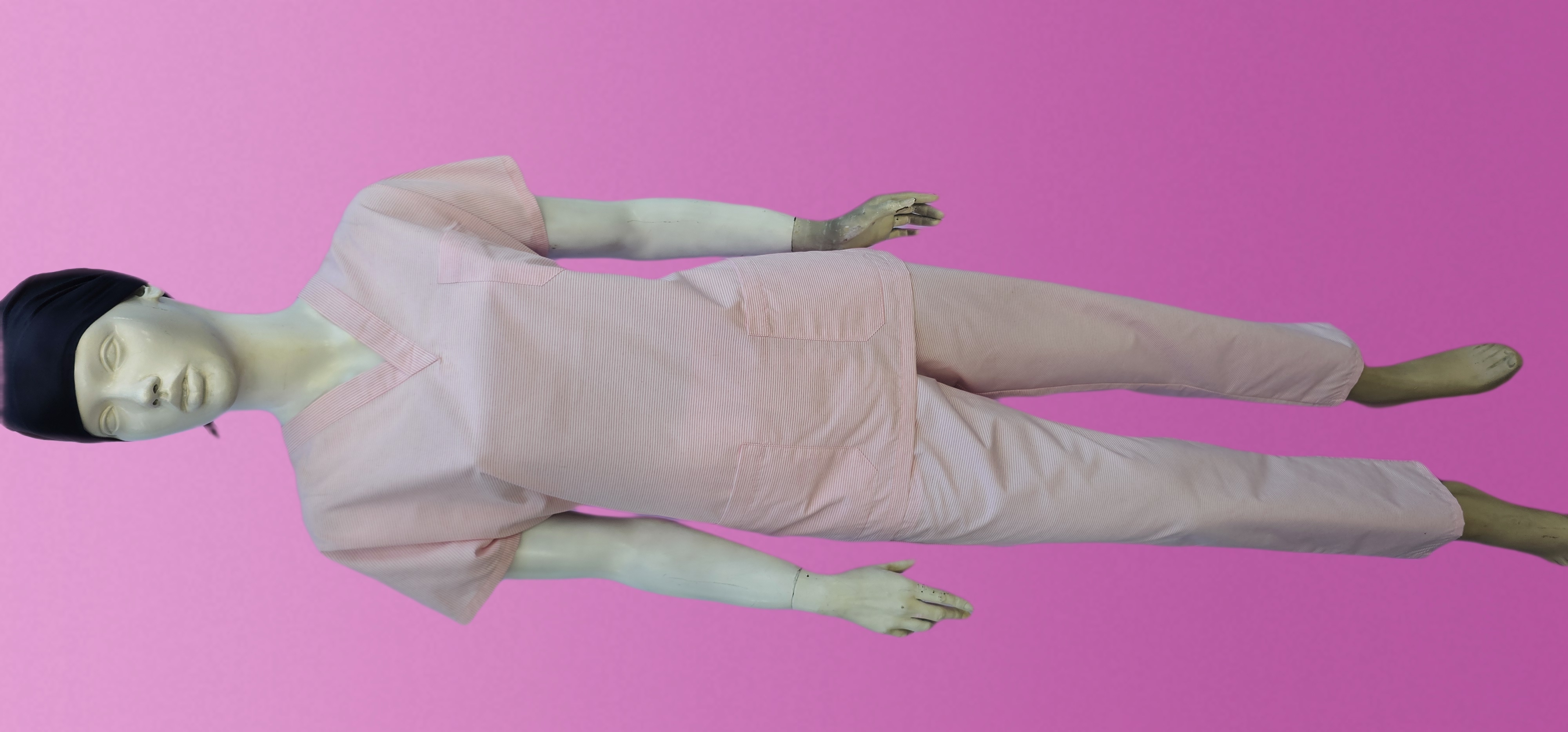 UNİSEX V YAKA YARASA KOL PEMBE ÇİZGİLİ TERİCON TAKIM BAYAN