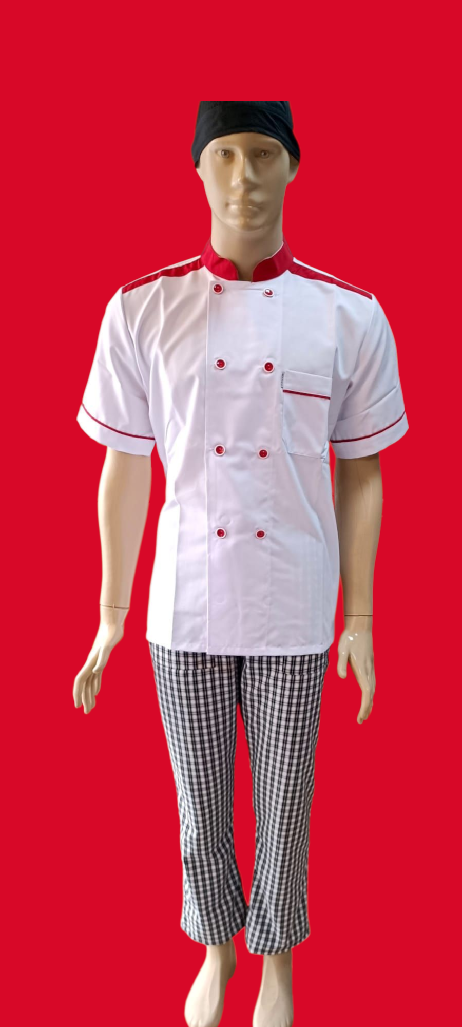 8 DÜĞME AŞÇI CEKETİ BEYAZ ZEMİN  KIRMIZI BİYELİ  ÜRÜNLERİMİZ KISA KOL VE UZUN KOL ÜRETİLMEKTEDİR