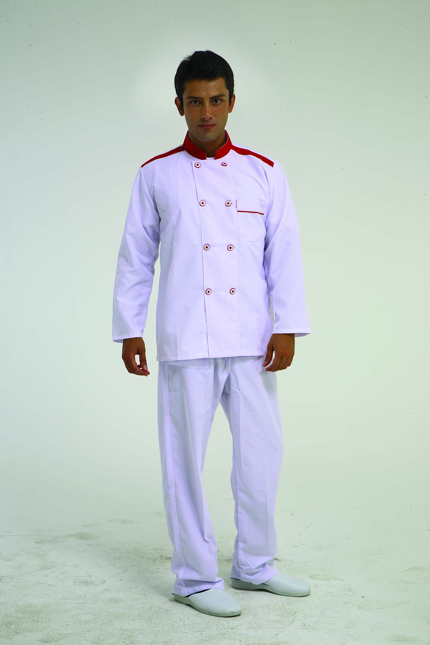 8 DÜĞME AŞÇI CEKETİ BEYAZ ZEMİN  KIRMIZI BİYELİ  ÜRÜNLERİMİZ KISA KOL VE UZUN KOL ÜRETİLMEKTEDİR