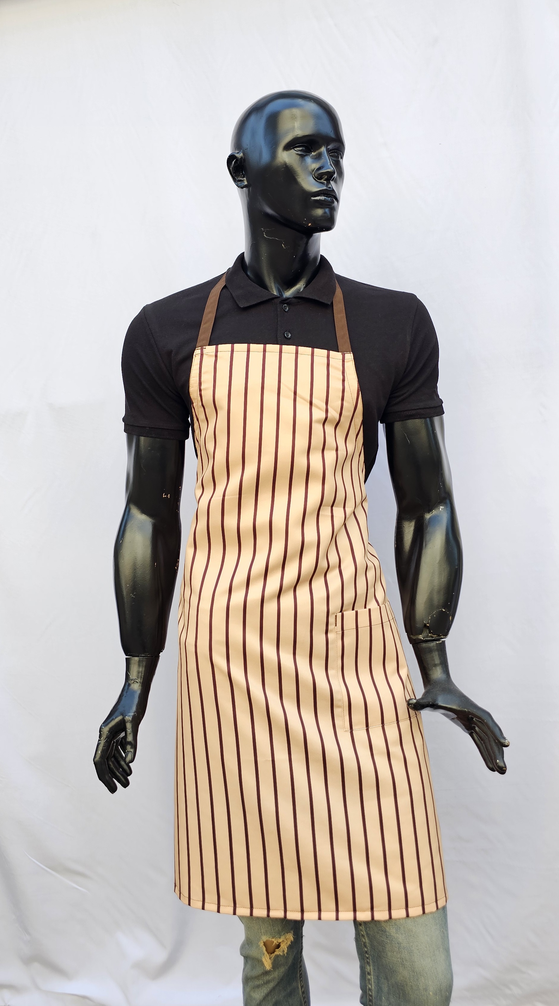 KATYONİK BASKILI ASKLI ÖNLÜK BEJ ZEMİN KAHVE RENGİ ÇİZGİ