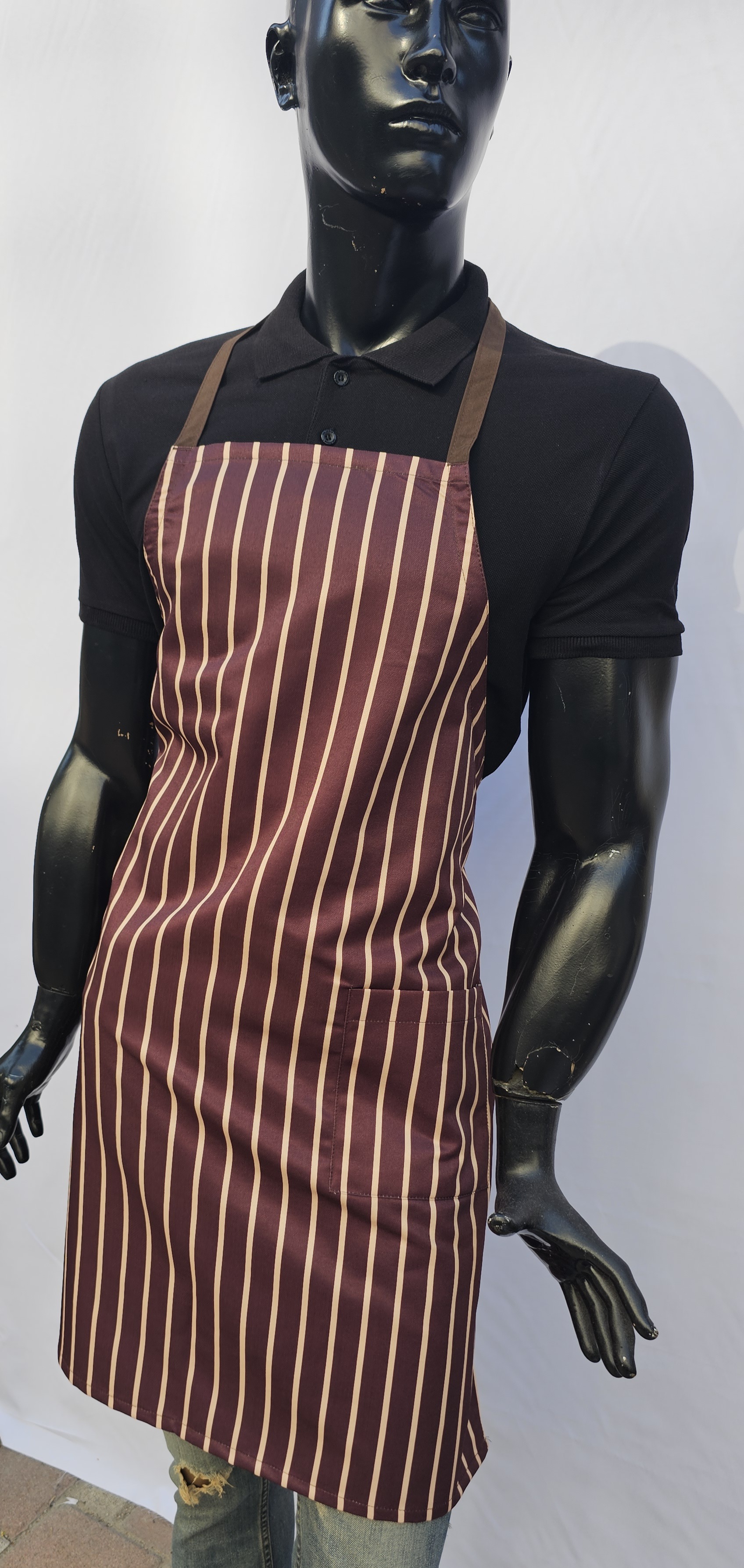 KATYONİK BASKILI ASKLI ÖNLÜK KAHVE RENGİ ZEMİN BEJ ÇİZGİ