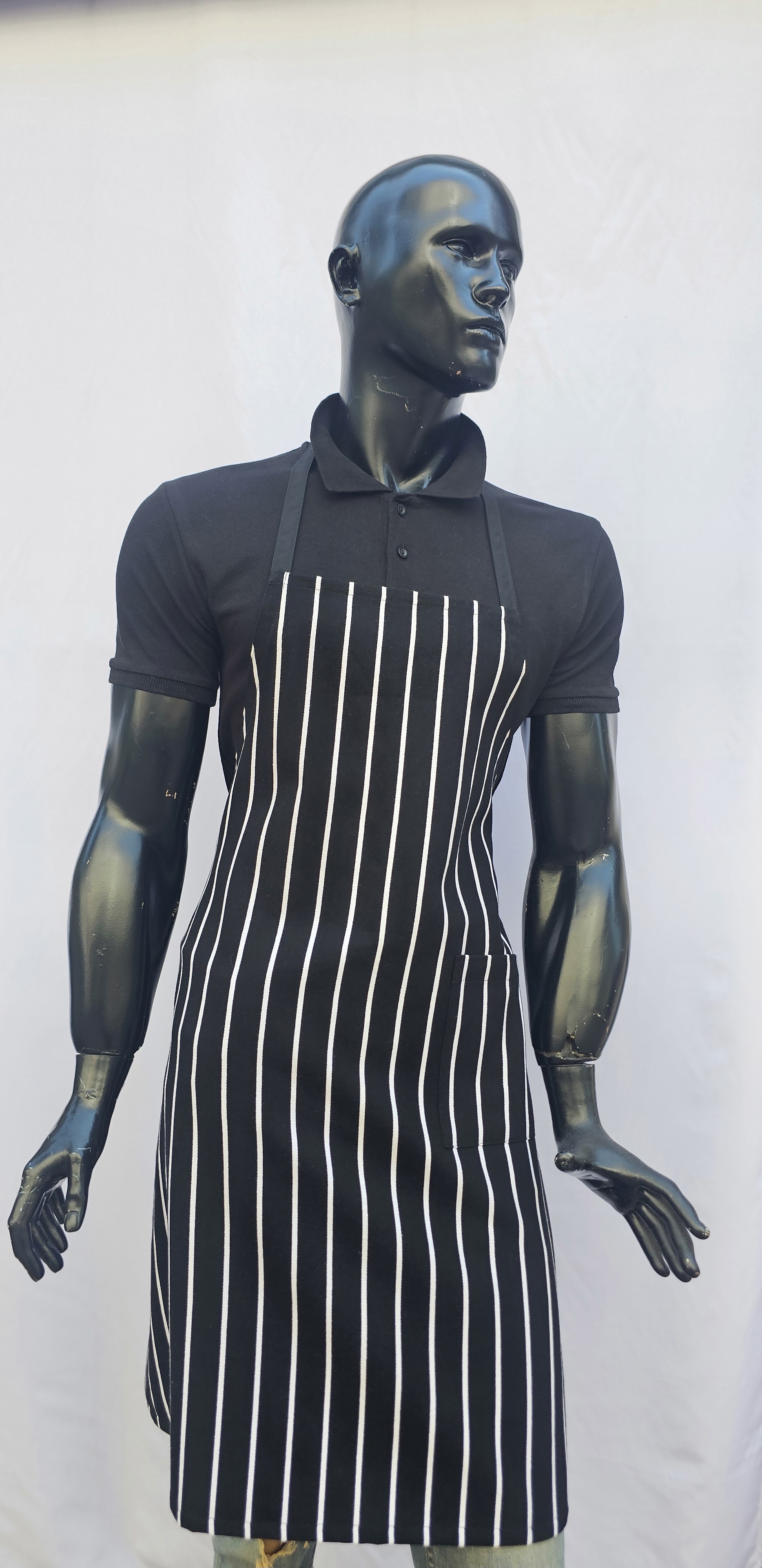 ASKILI ÖNLÜK HARMAN GABARDİN SİYAH ZEMİN BEYAZ ÇİZGİLİ DESENLİ