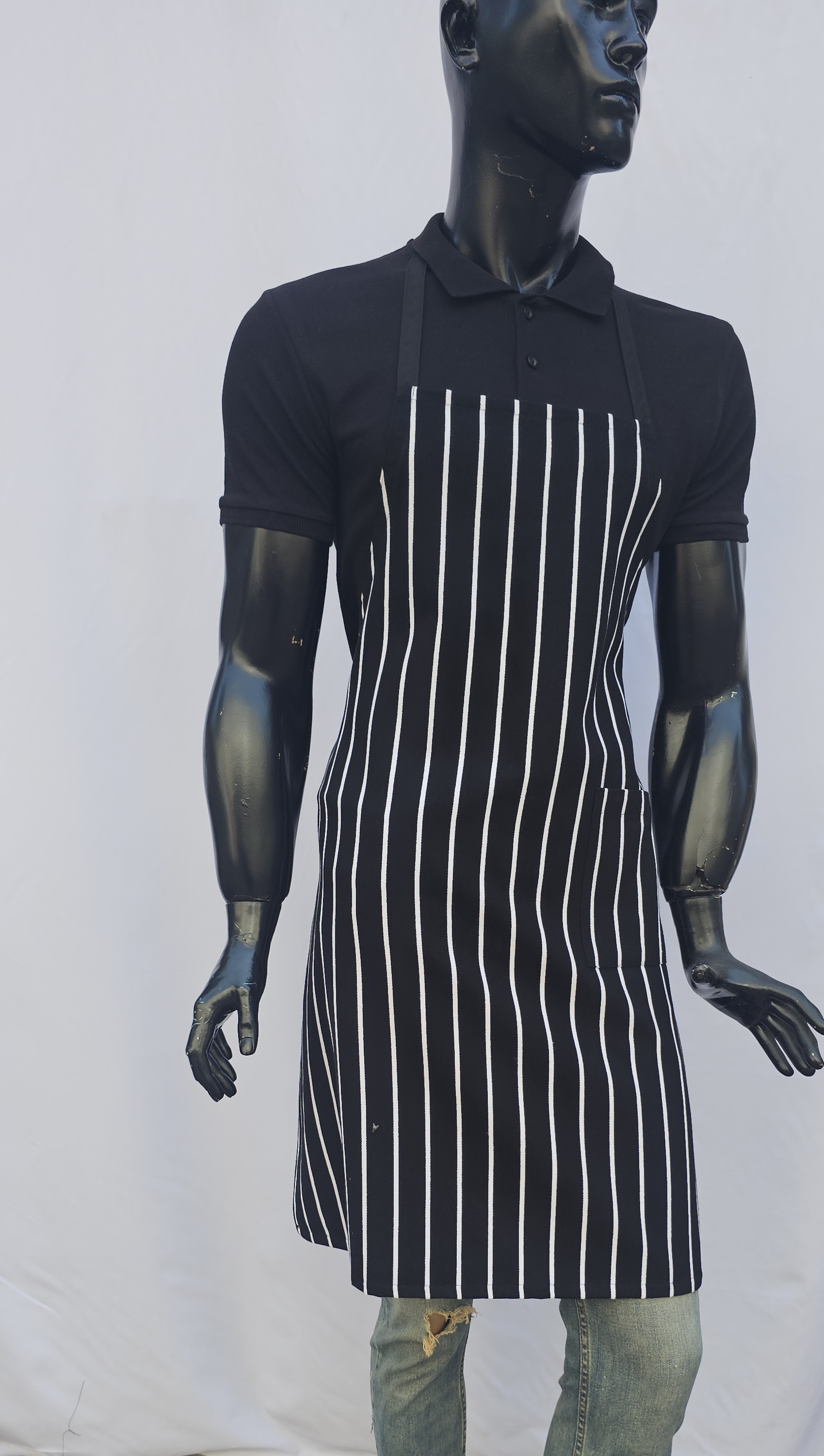 ASKILI ÖNLÜK HARMAN GABARDİN SİYAH ZEMİN BEYAZ ÇİZGİLİ DESENLİ