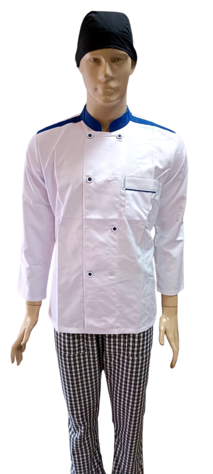 8 DÜĞME AŞÇI CEKETİ BEYAZ ZEMİN SAKS MAVİ BİYELİ  ÜRÜNLERİMİZ KISA KOL VE UZUN KOL ÜRETİLMEKTEDİR