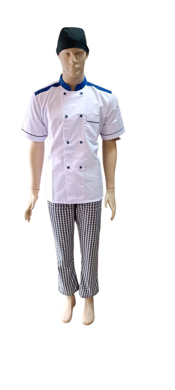 8 DÜĞME AŞÇI CEKETİ BEYAZ ZEMİN SAKS MAVİ BİYELİ  ÜRÜNLERİMİZ KISA KOL VE UZUN KOL ÜRETİLMEKTEDİR