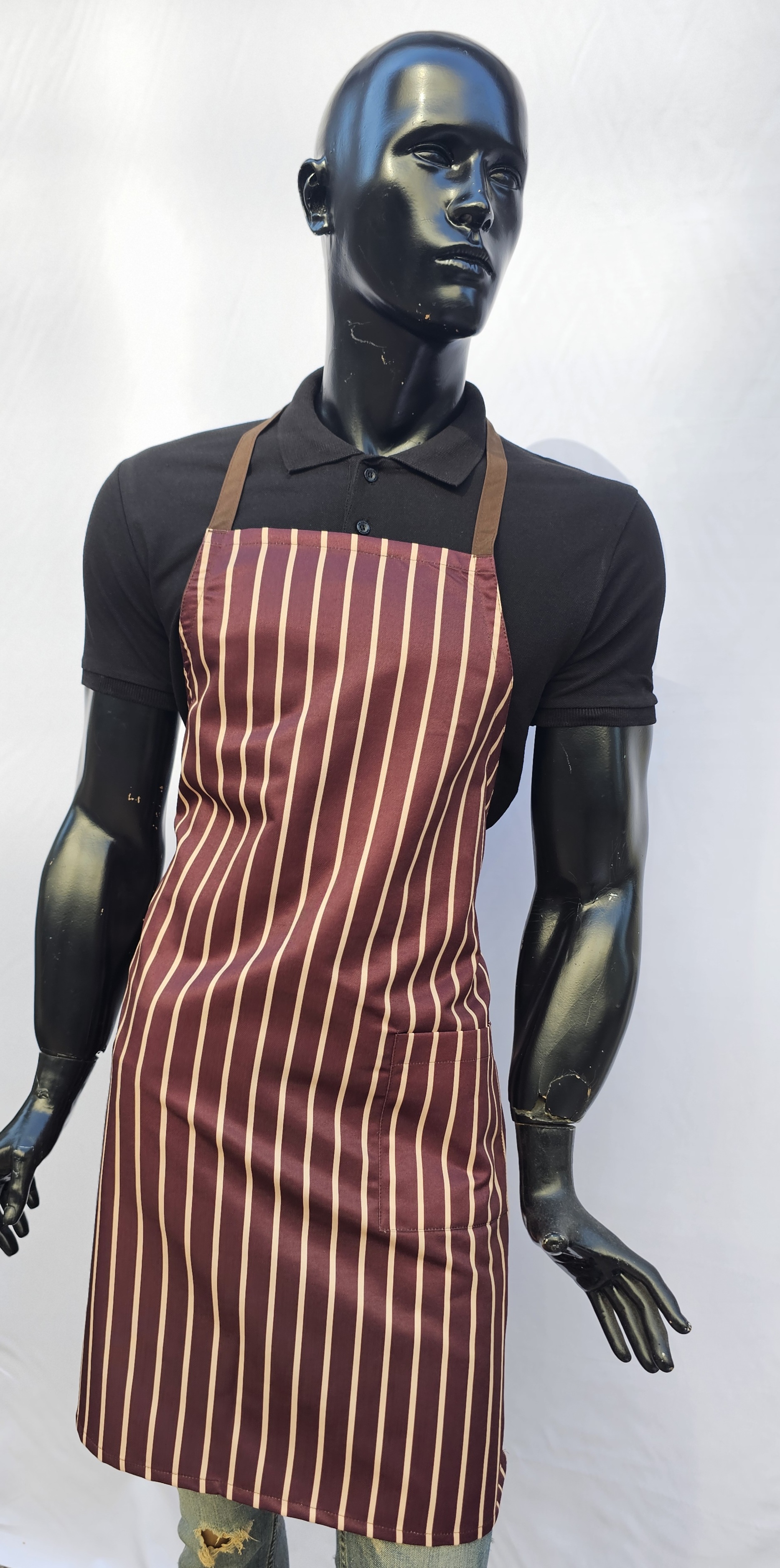 KATYONİK BASKILI ASKLI ÖNLÜK KAHVE RENGİ ZEMİN BEJ ÇİZGİ