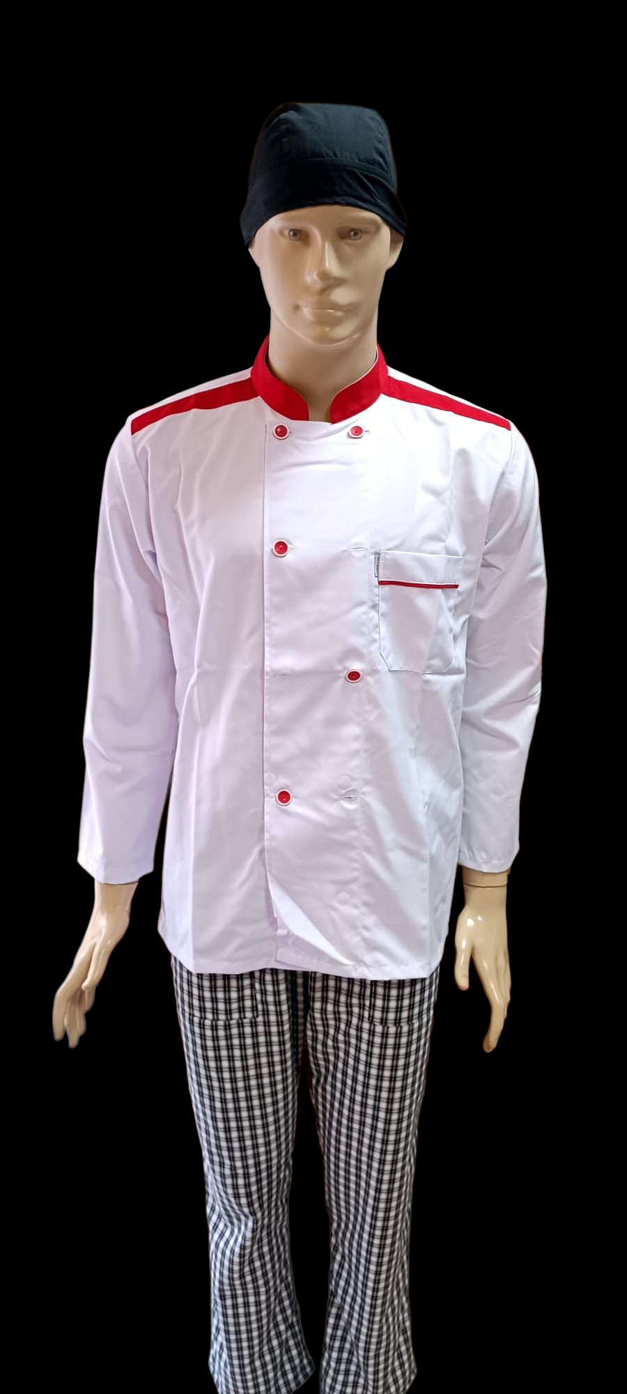 8 DÜĞME AŞÇI CEKETİ BEYAZ ZEMİN  KIRMIZI BİYELİ  ÜRÜNLERİMİZ KISA KOL VE UZUN KOL ÜRETİLMEKTEDİR