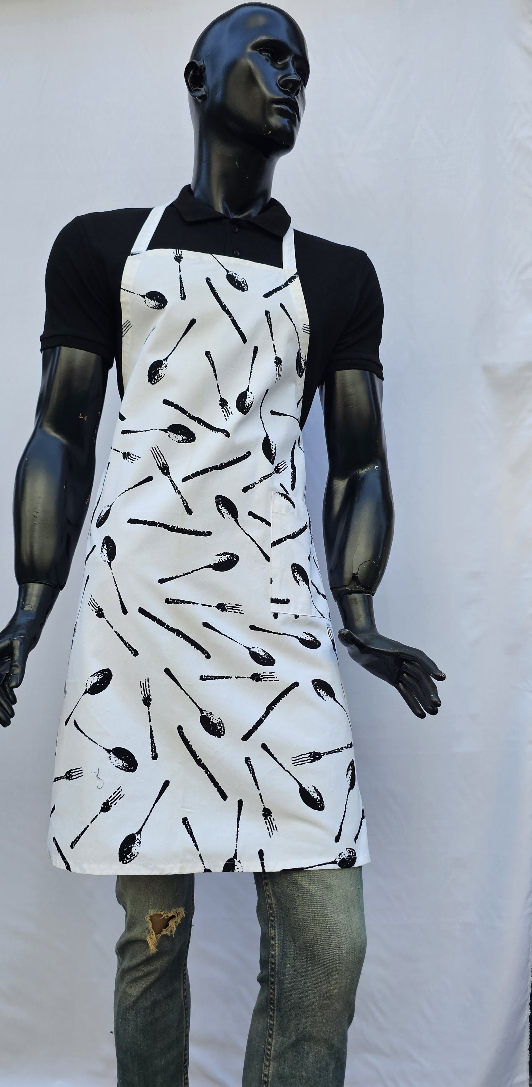 ASKILI ÖNLÜK HARMAN GABARDİN BEYAZ ZEMİN ÇATAL KAŞIK DESENLİ