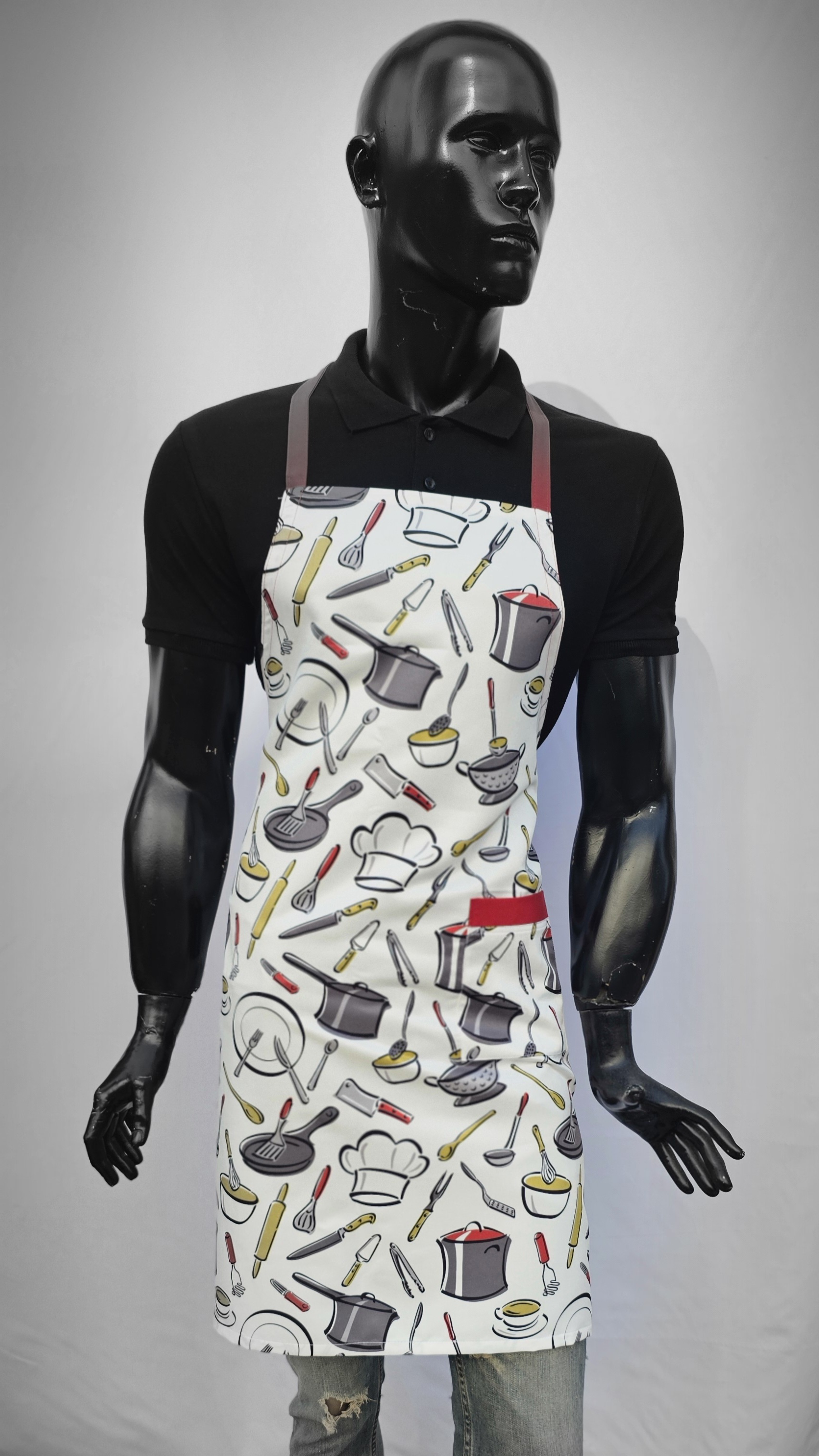 KATYONİK BASKILI ASKLI ÖNLÜK BEYAZ ZEMİN TENCERE TAVA DESEN