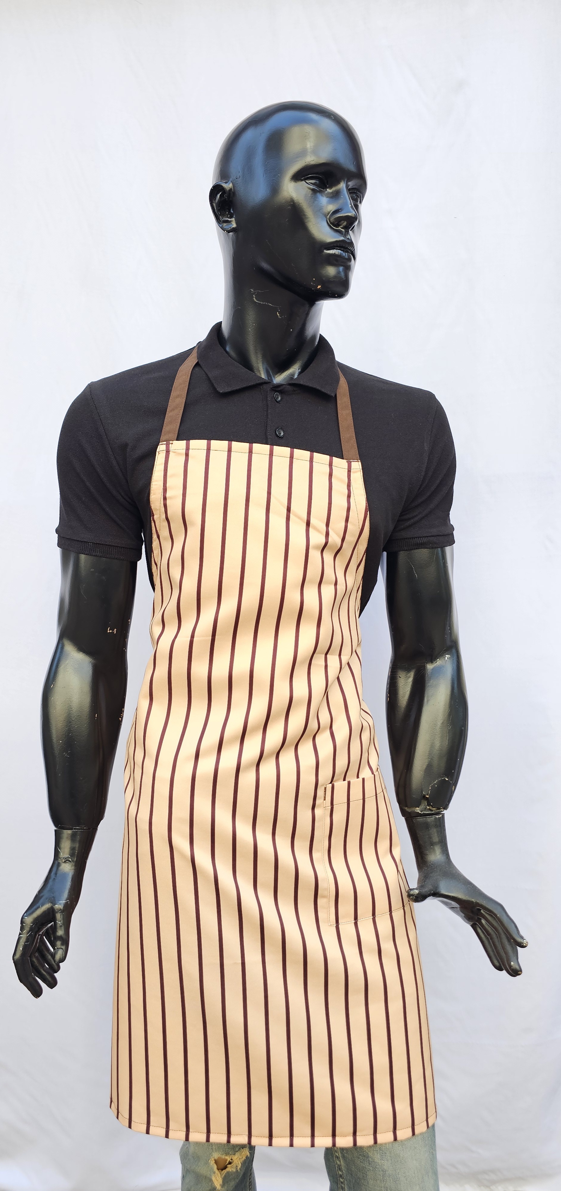 KATYONİK BASKILI ASKLI ÖNLÜK BEJ ZEMİN KAHVE RENGİ ÇİZGİ